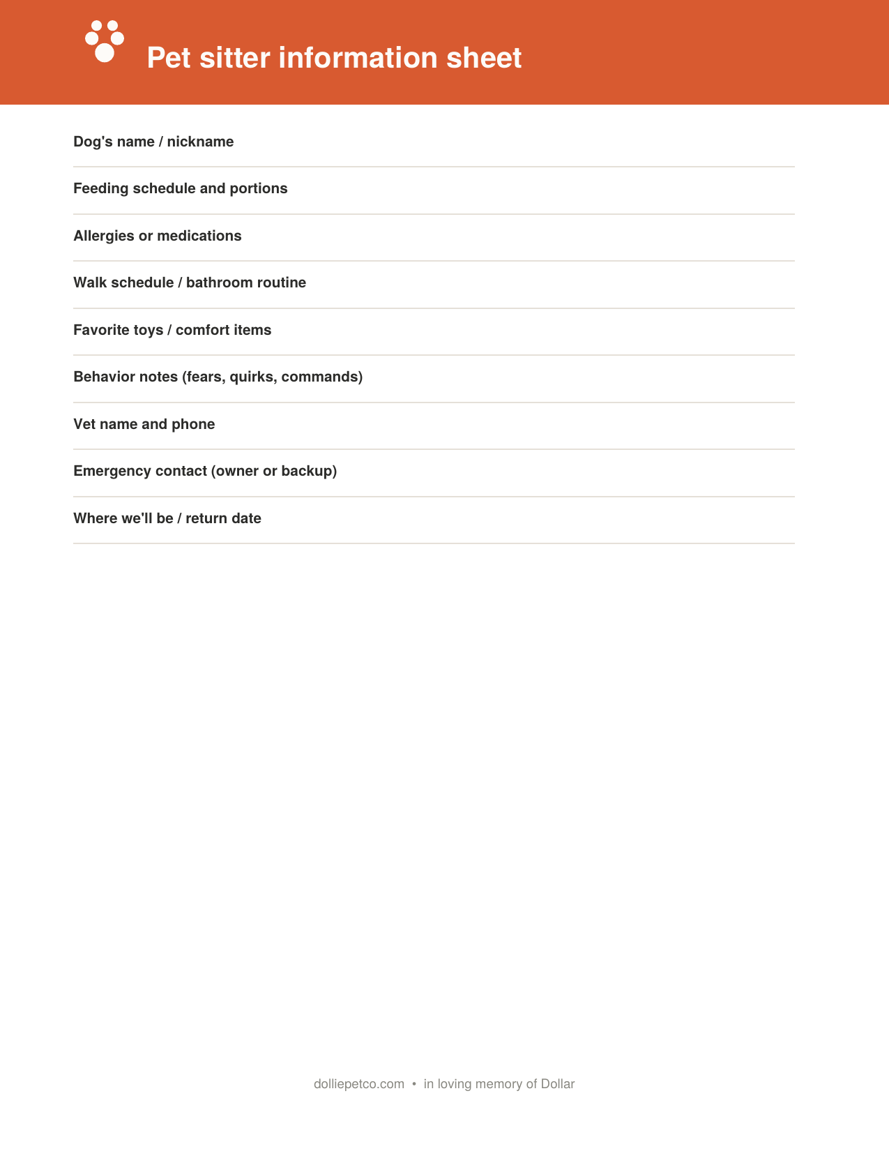 Pet Sitter Information Sheet