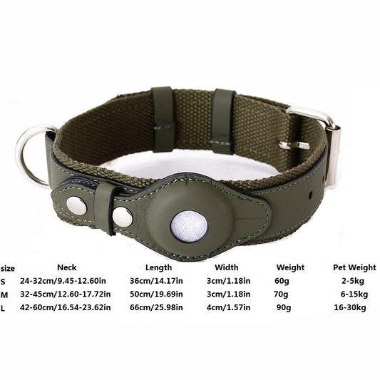 GPS AirTag dog collar with weatherproof holder, front view